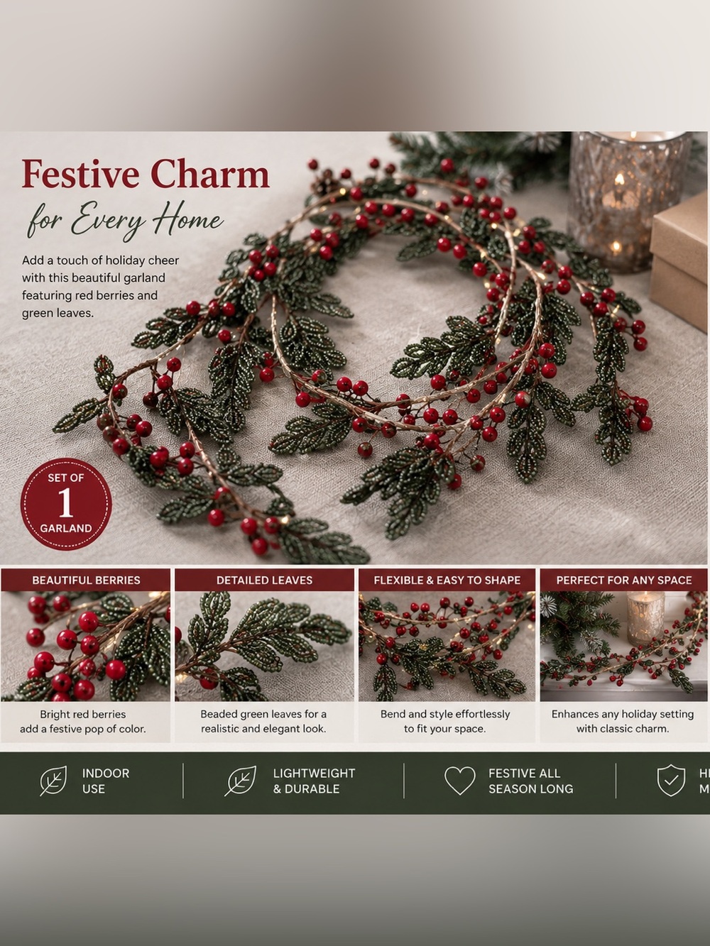 Festive Garland with Red Berries and Green Leaves